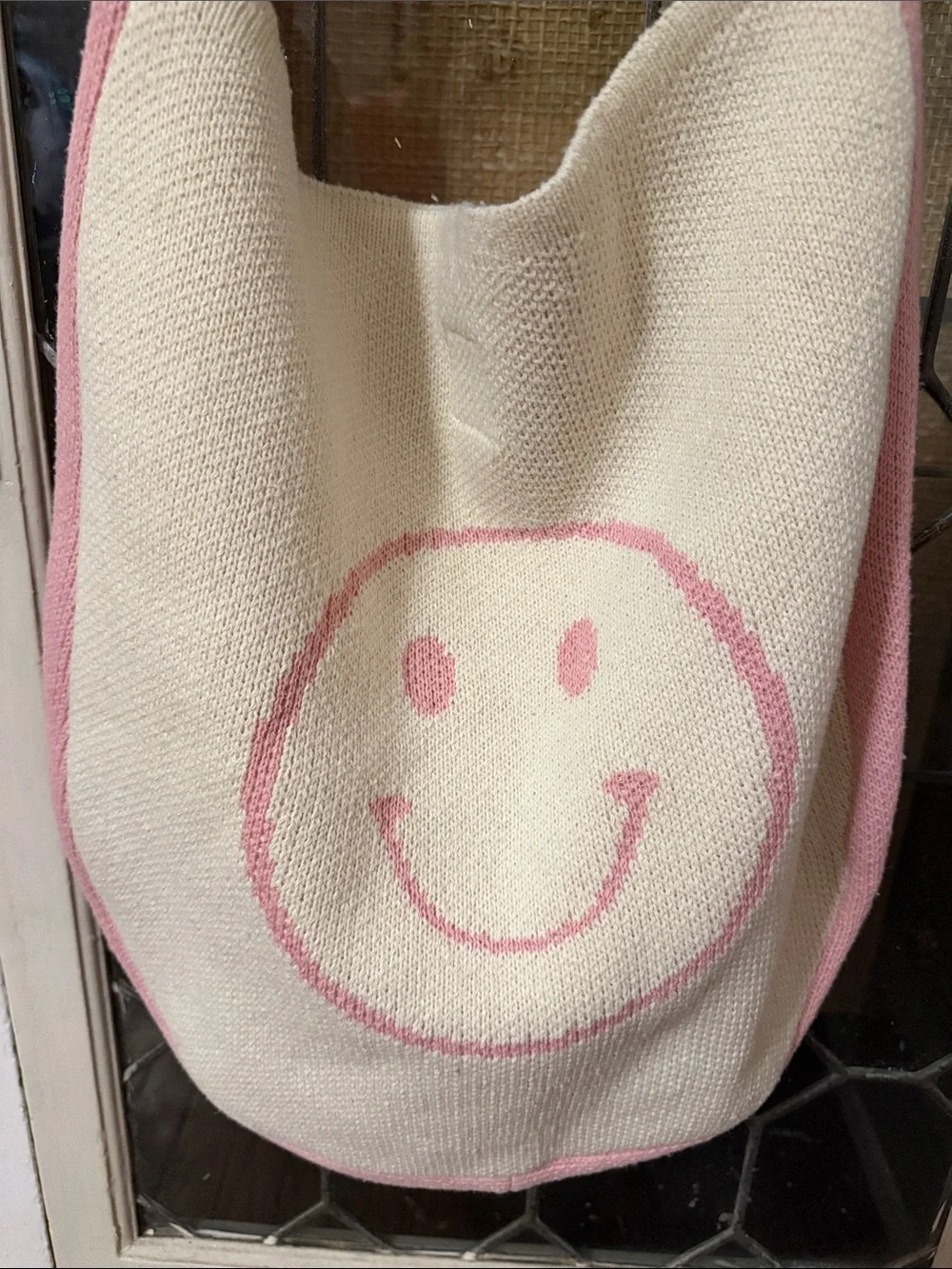 Cream and Pink Knit Smiley Shoulder Bag